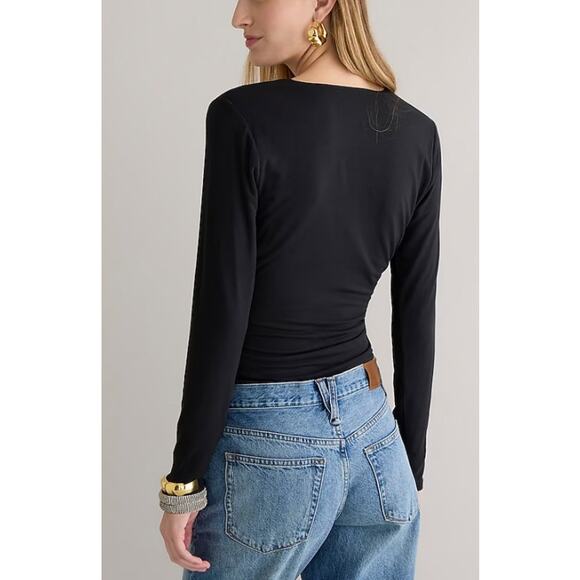 J. Crew Form‎ Knit Long Sleeve Wrap Top Black with Plaid Waist Tie XS Holiday - Picture 3 of 9